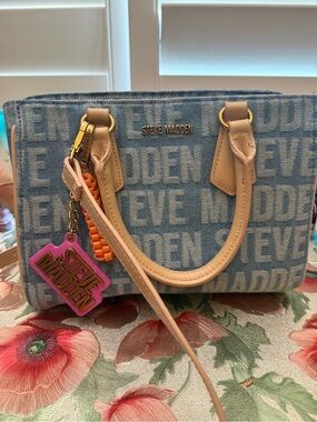 Steve Madden Blue Denim Logo Satchel with Pink Tag